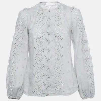 Zimmermann Light Blue Linen Iris Broderie Anglaise Long Sleeve Top