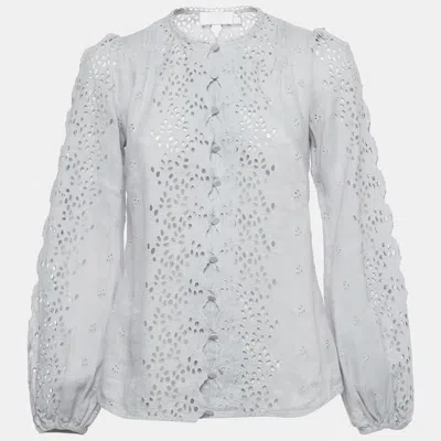 Pre-owned Zimmermann Light Blue Linen Iris Broderie Anglaise Long Sleeve Top S