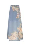 Zimmermann Womens Cascadian Bias Floral Linen Midi Skirt Teal Blue Botanical In Blue