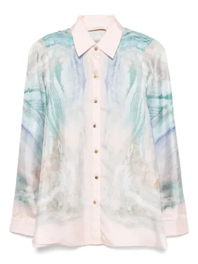 ZIMMERMANN ZIMMERMANN LIGHT BLUE SILK SHIRT WITH GRAPHIC PRINT
