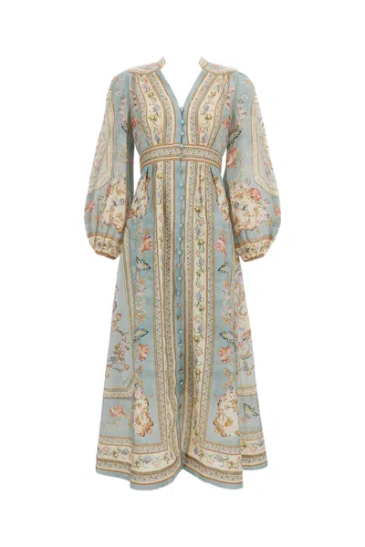 Zimmermann Light Blue Tapestry Floral Linen Midi Dress In Multi