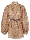 Zimmermann Cascadian Beige Tunic Dress With Stand-up Collar And All-over Leopard Print In Linen Woman In Multi