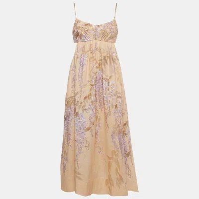 Pre-owned Zimmermann Light Orange Wisteria Floral Print Linen Rosa Bralette Dress S