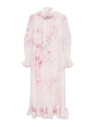 Zimmermann Crush Flower Midi Dress With Flower Brooch In Pink