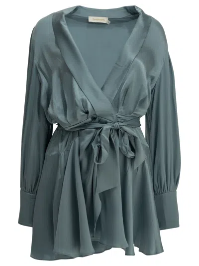 Zimmermann Lightblue Silk Short Wrap Dress In Blue