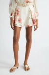 Zimmermann Lightburst Belted Pleated Floral-print Linen Shorts In Cream/red Floral