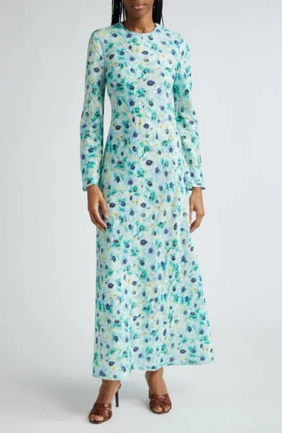 Zimmermann Lightburst Floral Bias Cut Long Sleeve Linen Dress In Aqua Floral