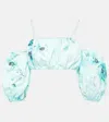 Zimmermann Lightburst Puff Sleeve Floral Cotton Crop Top In Blau