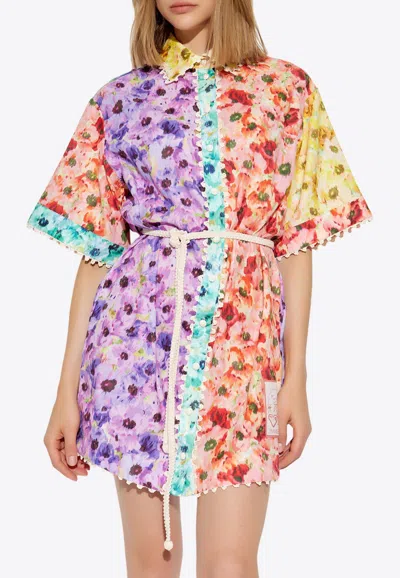 Zimmermann Lightburst Belted Crochet-trimmed Floral-print Cotton Mini Shirt Dress In Multi