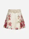 Zimmermann Lightburst Belted Pleated Floral-print Linen Shorts In Cream,red Floral