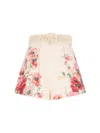 Zimmermann Lightburst Belted Pleated Floral-print Linen Shorts In Cream
