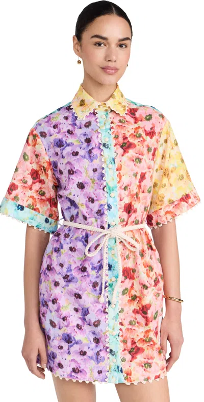 Zimmermann Lightburst Belted Crochet-trimmed Floral-print Cotton Mini Shirt Dress In Multi