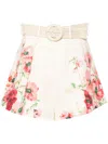 Zimmermann Lightburst Belted Pleated Floral-print Linen Shorts In Neutrals