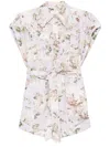 Zimmermann Floral Print Linen Playsuit With Belted Waist And Short Sleeves