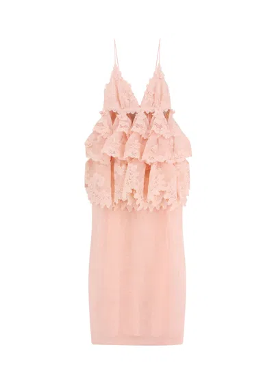 Zimmermann Linen And Silk Long Dress With Embroidered Flounces In Pink
