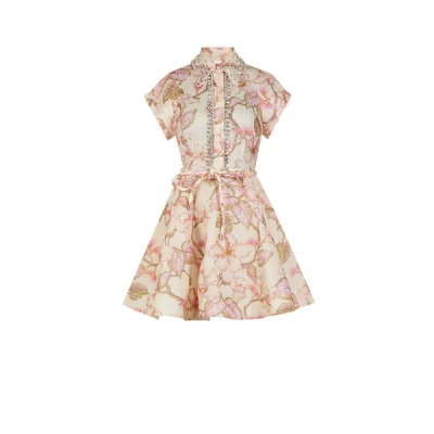 Zimmermann Matchmaker Embellished Floral-print Linen And Silk-blend Mini Dress In Coral Hibiscus