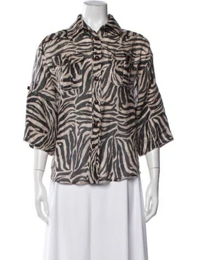 Pre-owned Zimmermann Linen Animal Print Button-up Top In White
