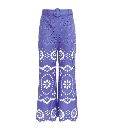 Zimmermann Linen Belted Flared Trousers In Blue