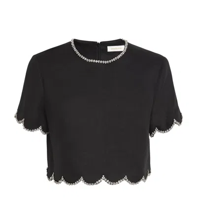 Zimmermann Crush Cropped Crystal-embellished Linen Top In Black