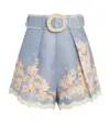Zimmermann Cascadian Belted Lace-trimmed Pleated Floral-print Linen Shorts In Blue