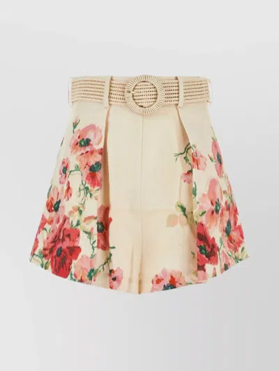 ZIMMERMANN LINEN FLORAL PLEATED HIGH-WAISTED SHORTS