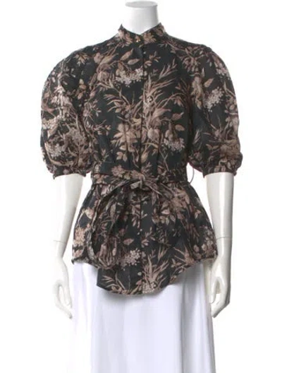 Pre-owned Zimmermann Linen Floral Print Blouse In Black