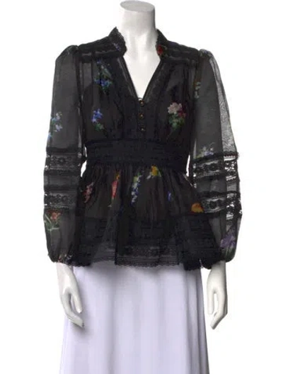 Pre-owned Zimmermann Linen Floral Print Blouse In Black