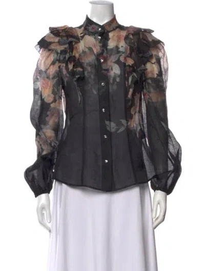 Pre-owned Zimmermann Linen Floral Print Blouse In Black