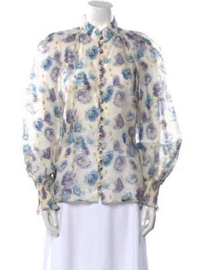 Pre-owned Zimmermann Linen Floral Print Blouse In Blue