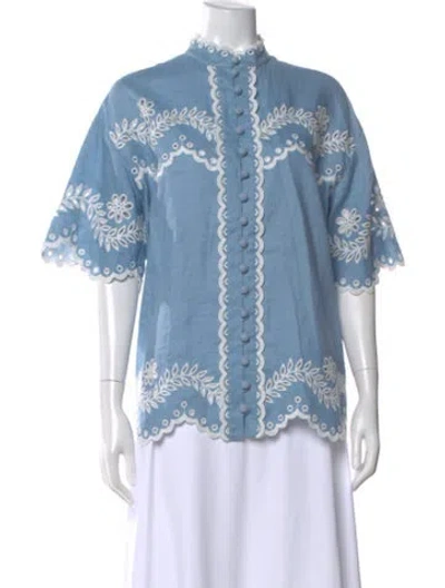 Pre-owned Zimmermann Linen Floral Print Blouse In Blue