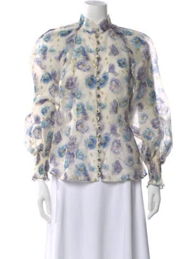 Pre-owned Zimmermann Linen Floral Print Blouse In Blue