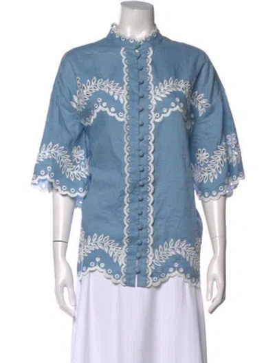Pre-owned Zimmermann Linen Floral Print Blouse In Blue