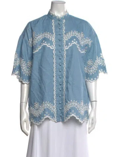 Pre-owned Zimmermann Linen Floral Print Blouse In Blue