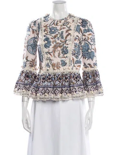 Pre-owned Zimmermann Linen Floral Print Blouse In Blue