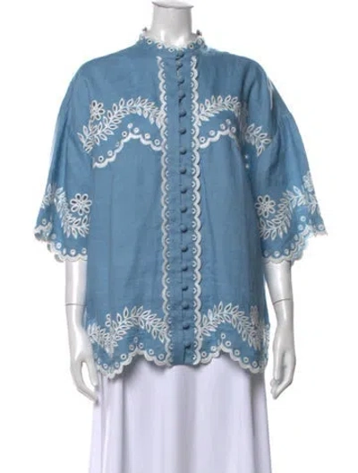 Pre-owned Zimmermann Linen Floral Print Blouse In Blue