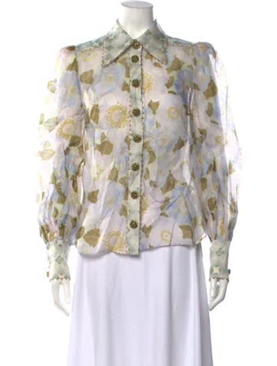 Pre-owned Zimmermann Linen Floral Print Blouse In Blue