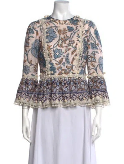 Pre-owned Zimmermann Linen Floral Print Blouse In Blue