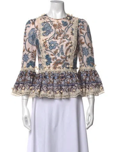 Pre-owned Zimmermann Linen Floral Print Blouse In Blue/pink