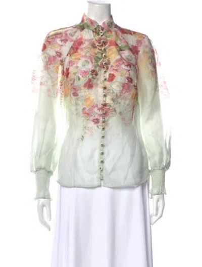Pre-owned Zimmermann Linen Floral Print Blouse In Green