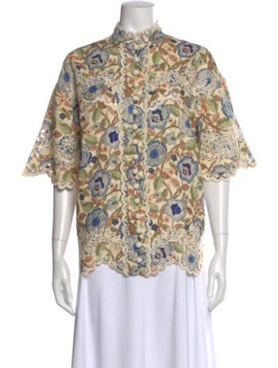 Pre-owned Zimmermann Linen Floral Print Blouse In Green