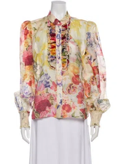 Pre-owned Zimmermann Linen Floral Print Blouse In Neutral