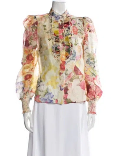 Pre-owned Zimmermann Linen Floral Print Blouse In Neutrals