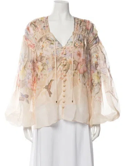 Pre-owned Zimmermann Linen Floral Print Blouse In Neutrals