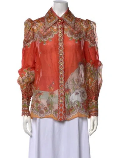 Pre-owned Zimmermann Linen Floral Print Blouse In Orange