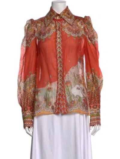 Pre-owned Zimmermann Linen Floral Print Blouse In Orange