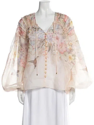 Pre-owned Zimmermann Linen Floral Print Blouse In Pink