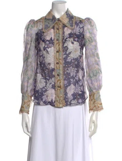 Pre-owned Zimmermann Linen Floral Print Blouse In Purple