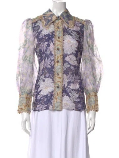 Pre-owned Zimmermann Linen Floral Print Blouse In Purple