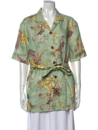 Pre-owned Zimmermann Linen Floral Print Blouse W/ Tags In Green