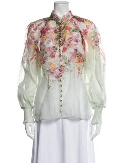 Pre-owned Zimmermann Linen Floral Print Blouse W/ Tags In Green/pink